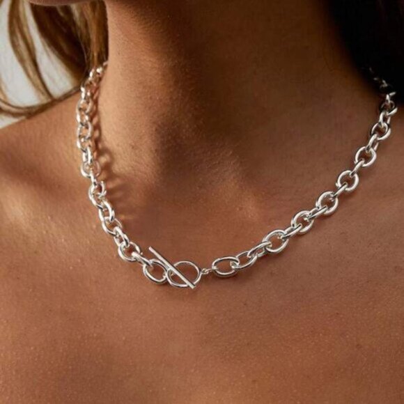 Sterling Silver 925 Link Chain Necklace with Toggle Clasp - Picture 1 of 3